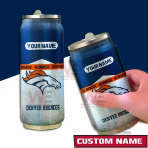A pair of Broncos themed can style tumblers with vivid team branding and a customizable name section!