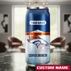 A custom Denver Broncos can shaped tumbler placed in a living room setting with strong team colors and a dedicated space for text personalization!
