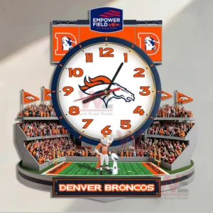 Close view of a Denver Broncos decorative wall clock with stadium inspired design and premium sports styling!