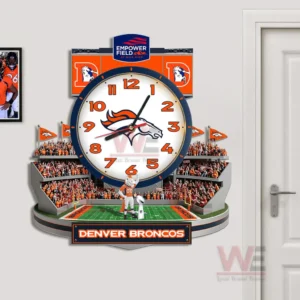 Denver Broncos stadium wall clock hanging near a door demonstrating balanced placement and bold team presence!