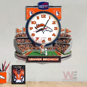 Denver Broncos decorative wall clock showcased above a desk with stadium design bold logo and passionate fan atmosphere!