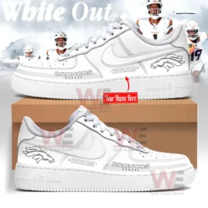 Alt text white Denver Broncos themed low top sneaker with Broncos logo and custom name option shown in two angles on a white out background.