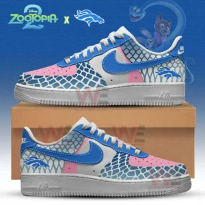Custom sneakers with blue pink and white scaled designs the Denver Broncos logo and Zootopia character art behind them!