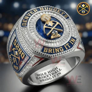 Close view of a Denver Nuggets basketball championship ring with gem details and team symbols!