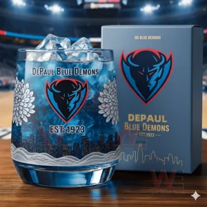 Blue whiskey glass with DePaul Blue Demons logo ice cubes inside and a matching blue box set in a professional indoor arena environment!