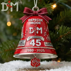 Red Depeche Mode forty fifth anniversary bell ornament with musical symbols and hanging rose displayed on a Christmas tree!