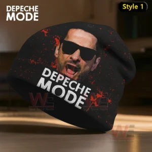 Black beanie with a graphic of a singer in sunglasses red splatter effects and the text Depeche Mode on the front!