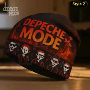 Depeche Mode Band Beanie Hat cap 4 Dark beanie with fiery colors pixel styled figures and the text Depeche Mode printed prominently!