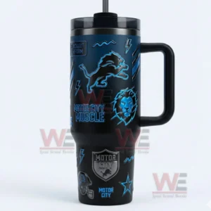 Front view of a Detroit Lions black tumbler with blue graphics handle and straw on a plain white background!