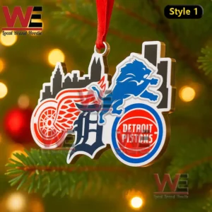 Detroit sports themed Christmas ornament hanging on a green holiday tree with soft lights!
