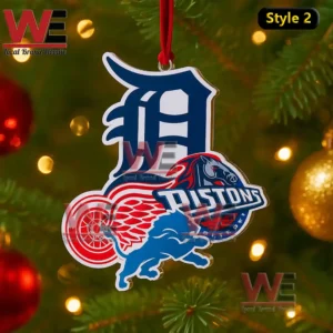Detroit Glory Christmas Ornaments 3 Detroit sports and city themed Christmas ornament hanging on a decorated tree with warm lights!