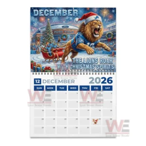 Lion in Santa hat pulling sleigh near Christmas tree outside Ford Field with fireworks above!