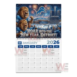 Detroit Lions 2026 Wall Calendar 7 Roaring lions above stadium crowd with fireworks lighting the Detroit skyline!