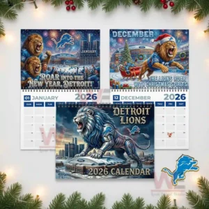 Detroit Lions 2026 Wall Calendar 8 Three calendar pages featuring roaring lions Christmas art and a mechanical lion cover!
