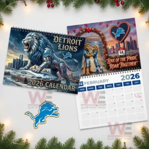 Detroit Lions 2026 Wall Calendar 9 Mechanical lion atop Ford Field and two lions embracing under heart decorations in February scene!