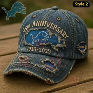 Blue distressed denim Detroit Lions anniversary baseball cap with embroidered logo displayed on a wooden background!