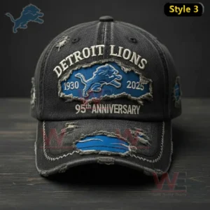 Detroit Lions 95th Anniversary 1930-2025 Cap hat 5 Black distressed Detroit Lions baseball cap with embroidered team name and logo on a dark background!