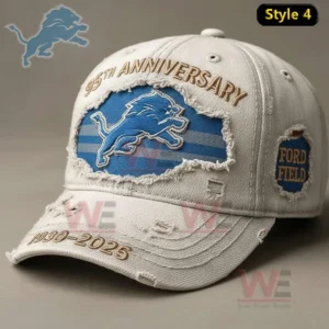 Detroit Lions 95th Anniversary 1930-2025 Cap hat 6 White distressed Detroit Lions anniversary cap with embroidered logo and textured fabric details!
