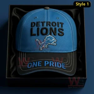 Detroit Lions 95th Anniversary 1930-2025 Cap hat 7 Blue and black Detroit Lions baseball cap with embroidered logo shown in a presentation box!