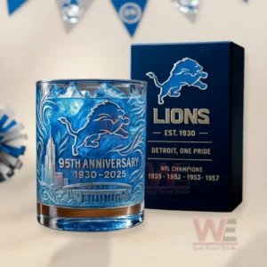 Detroit Lions blue anniversary glass and matching box displayed with festive blue decor in the background!