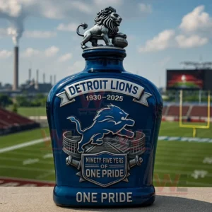 Blue Detroit Lions themed whiskey bottle with a lion topper standing in a football stadium background!