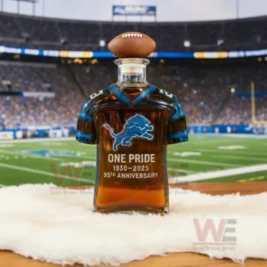 Detroit Lions 95th Anniversary Whiskey Bottle 4 Detroit Lions jersey shaped bottle with anniversary text set on white fur in a football stadium.