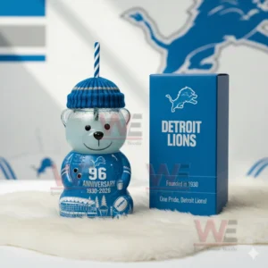 Detroit Lions bear shaped glass cup displayed with a blue box in a modern setting!