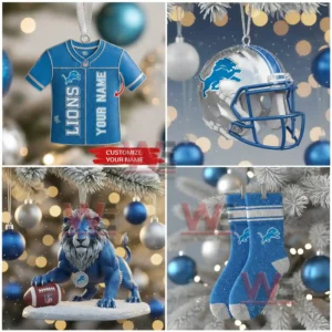A set of Detroit Lions themed Christmas ornaments including a jersey helmet lion figure and socks arranged on a Christmas tree with glowing festive lights!