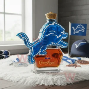 Lion shaped blue whiskey bottle with crown top displayed in a sports themed room!