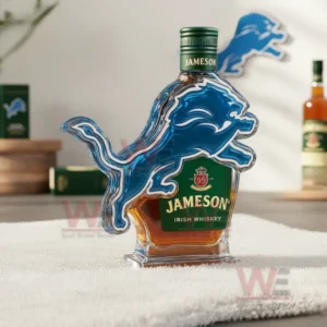 Detroit Lions Custom Whiskey Bottle 7 Detroit lion inspired whiskey bottle with green label standing on a soft rug!