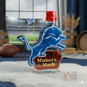 Detroit Lions Custom Whiskey Bottle 8 Custom blue lion whiskey bottle placed in front of a football field scene!
