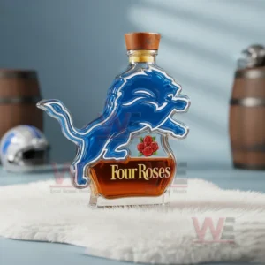 Detroit Lions Custom Whiskey Bottle 9 Detroit lion themed whiskey bottle with floral label resting on a white fur surface!