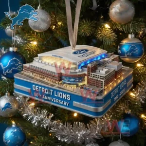 Detroit Lions Ford Field stadium ornament hanging on a Christmas tree surrounded by Lions themed decorations!