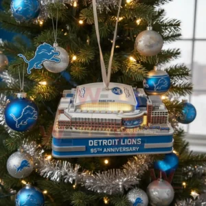 Detroit Lions Ford Field ornament hanging at the center of a decorated Christmas tree with team themed ornaments!