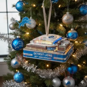 Detroit Lions Ford Field stadium ornament displayed on a Christmas tree with Lions themed decorations and lights!