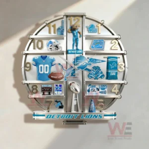 Three dimensional Detroit Lions wall clock with blue silver and white team theme football memorabilia and a strong decorative structure!
