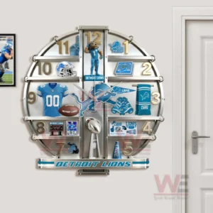 Detroit Lions Home Decorative 3D Wall Clock 6 Detroit Lions wall clock mounted near a doorway with clear team identity and an organized sports design!