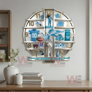 Detroit Lions Home Decorative 3D Wall Clock 7 Detroit Lions decorative wall clock displayed in a modern living room with wooden furniture and clean interior styling!