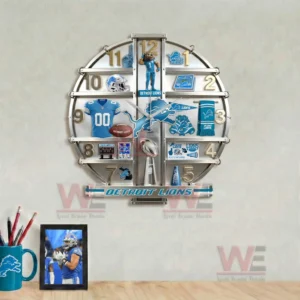 Detroit Lions Home Decorative 3D Wall Clock 8 Detroit Lions wall clock above a desk with football photo mug and a clean workspace decor!