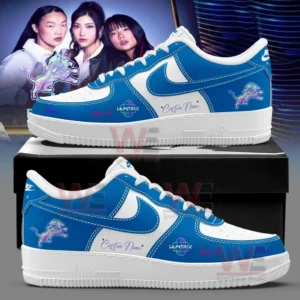 Custom blue and white low top shoes with Detroit Lions logos custom name text and Kpop inspired design shown from both sides!