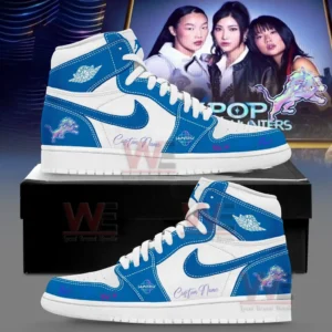 High top blue and white shoes with Detroit Lions logos custom name text and kpop inspired design shown from multiple angles!