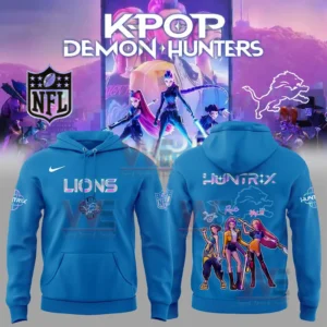 Blue hoodie shown front and back with Lions gradient text on the front and Huntrix character group artwork on the back under Kpop Demon Hunters themed background with league and Lions logos.