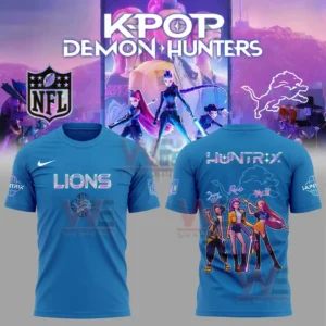 Detroit Lions KPop Demon Hunters Hoodie and Shirt 5 Blue t shirt shown front and back with Lions gradient text on the front and Huntrix character group illustration on the back with Kpop Demon Hunters header and league and Lions logos.