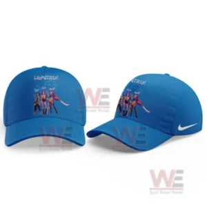 Detroit Lions KPop Demon Hunters Hoodie and Shirt 6 Blue baseball cap shown from front and side with Huntrix text and three character artwork on the front and a small swoosh mark on the side.