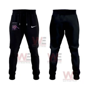 Detroit Lions KPop Demon Hunters Hoodie and Shirt 7 Black jogger pants shown front and back with a small Huntrix character group graphic on the left thigh a swoosh mark on the right thigh and a plain back view.