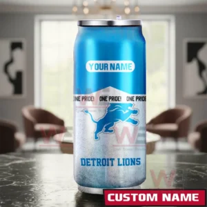 Detroit Lions NFL Personalized Can Tumbler 5 A custom Detroit Lions can shaped tumbler placed in a living room setting with strong team colors and a space for text personalization!