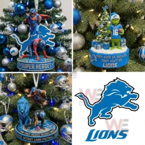 The image displays several Detroit Lions themed superhero player ornaments hanging on a Christmas tree with blue and silver ornaments surrounding them.