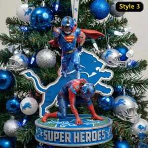 The image displays superhero styled Detroit Lions football player ornaments hanging on a Christmas tree decorated with team themed ornaments.