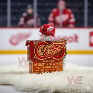 Detroit Red Wings 100 Anniversary Whiskey Bottle 3 A collectible whiskey bottle with a red wing design shown on a white fur mat in front of an ice hockey bench and blurred team members!