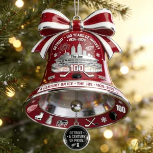 Red bell Christmas ornament on a tree honoring Detroit hockey history with arena artwork ribbon top and classic winter holiday atmosphere!